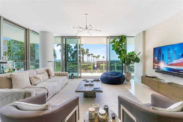 living room featuring a chandelier and floor to ceiling windows