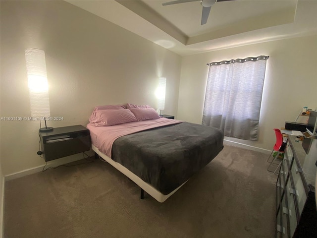 bedroom featuring carpet flooring, ceiling fan, and a raised ceiling