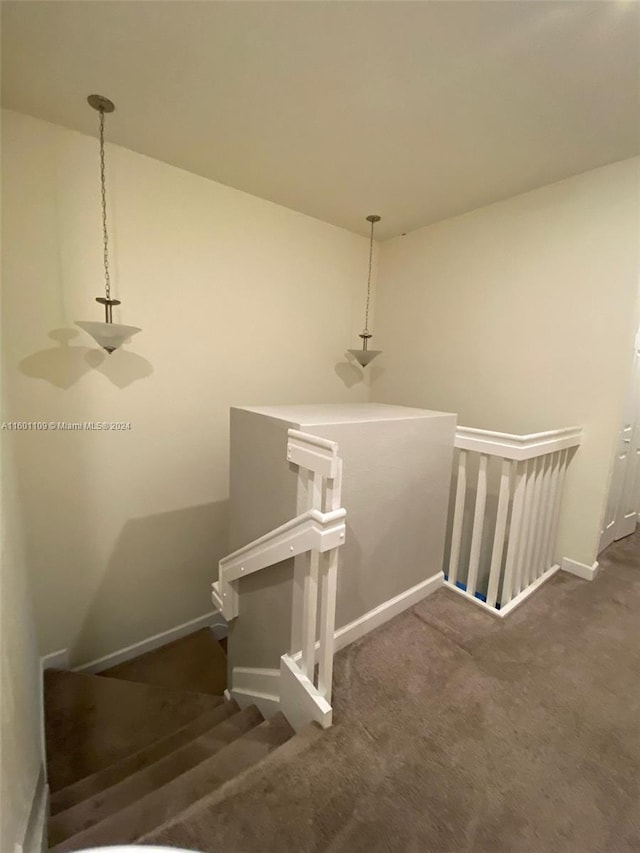 stairway featuring dark colored carpet