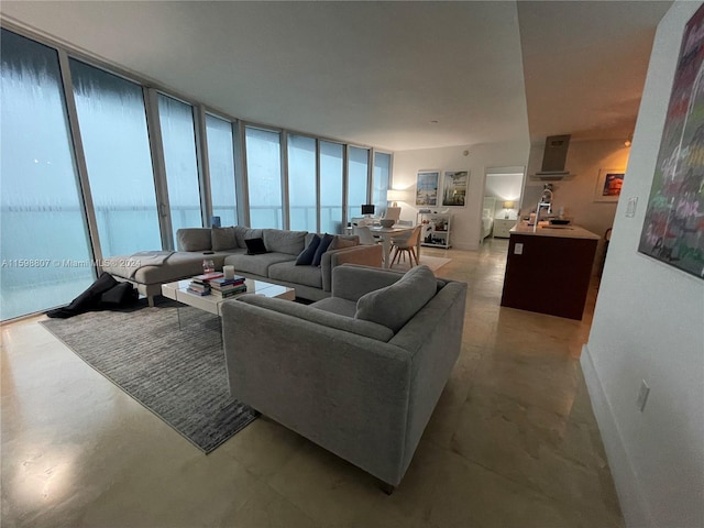 living room with sink and expansive windows