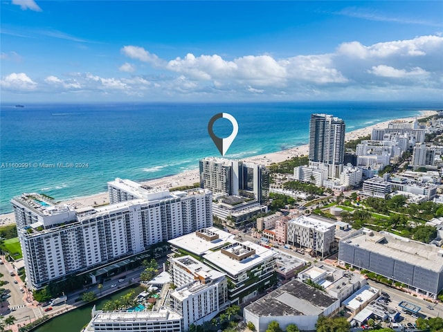 drone / aerial view featuring a water view and a view of the beach