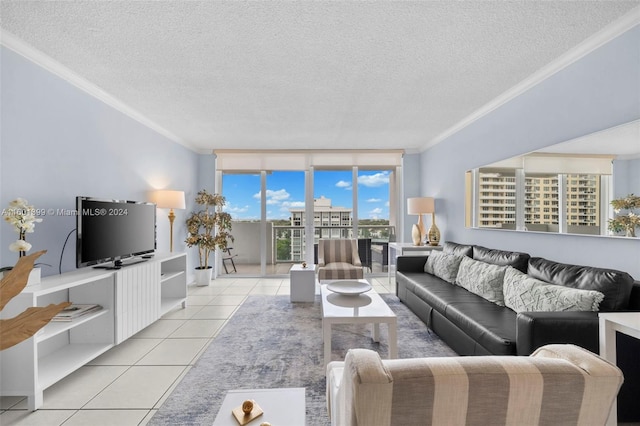 tiled living room featuring a textured ceiling, ornamental molding, and floor to ceiling windows