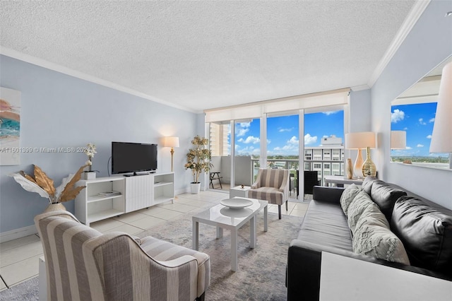 living room featuring crown molding, a textured ceiling, floor to ceiling windows, and tile patterned flooring
