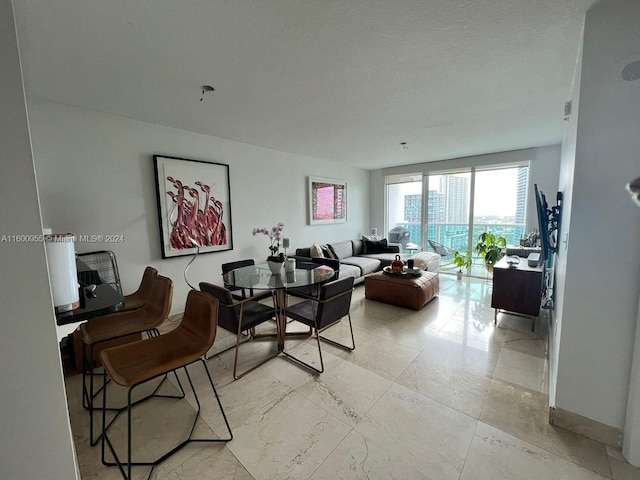 living room featuring a textured ceiling