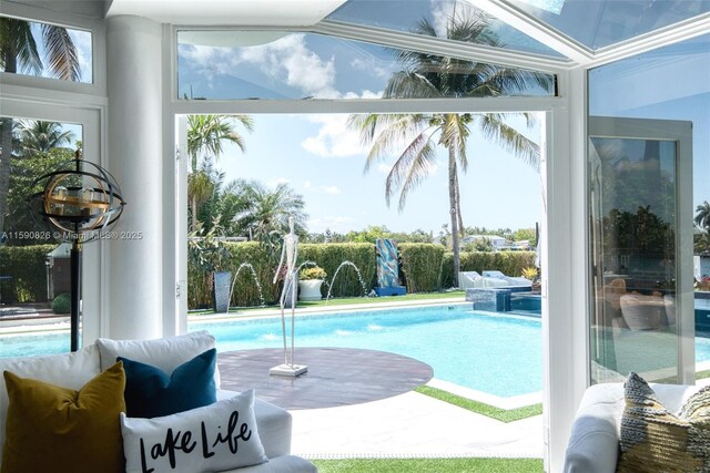 view of pool featuring pool water feature