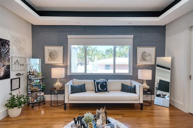 living room featuring wood-type flooring and a tray ceiling