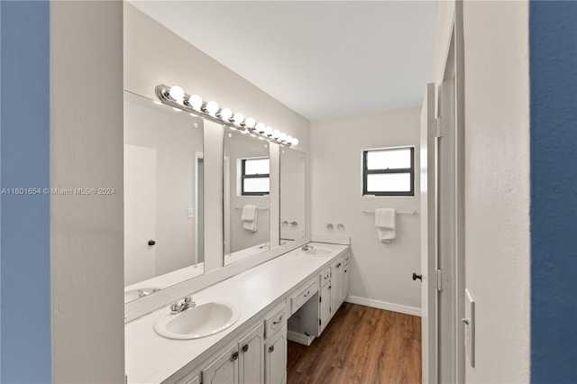 bathroom featuring wood-type flooring and double sink vanity