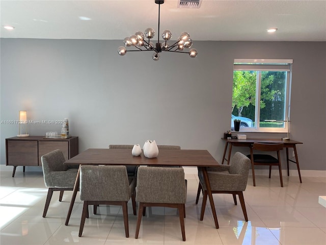 dining area with a notable chandelier, light tile patterned floors, baseboards, visible vents, and recessed lighting
