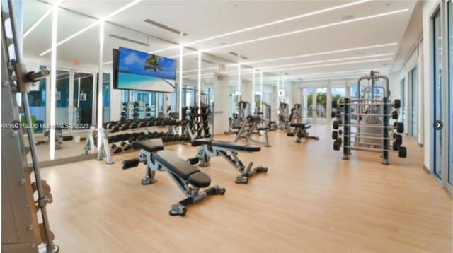 gym with wood finished floors and french doors