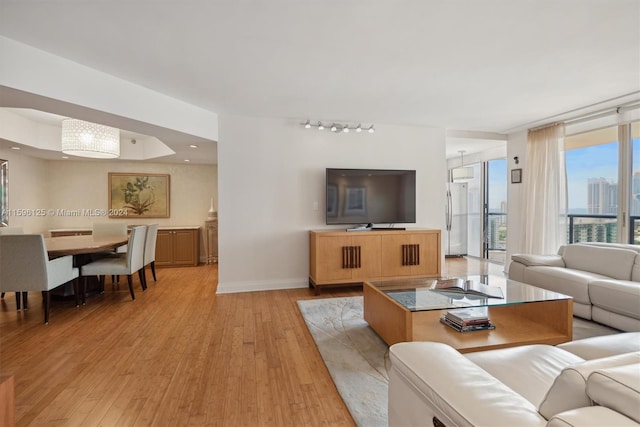 living room featuring floor to ceiling windows and light hardwood / wood-style floors