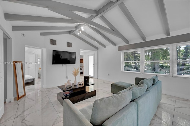 living area featuring vaulted ceiling with beams, visible vents, a healthy amount of sunlight, and marble finish floor