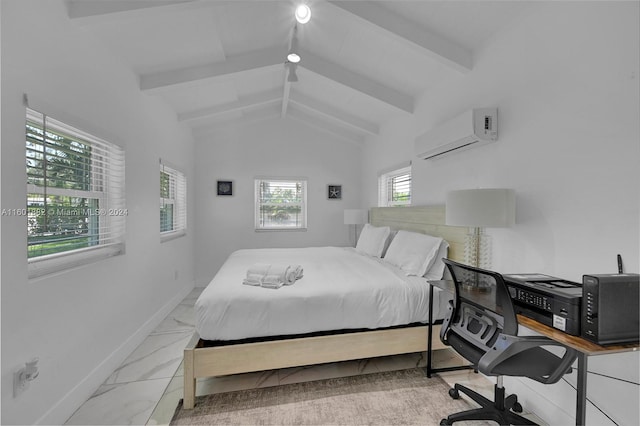 bedroom featuring vaulted ceiling with beams, a wall unit AC, and multiple windows