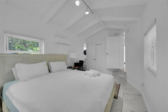 bedroom featuring vaulted ceiling with beams, marble finish floor, track lighting, baseboards, and an AC wall unit