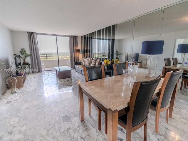 dining space with expansive windows and a textured ceiling