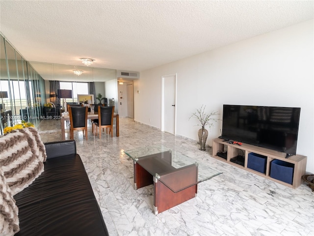 living room with a textured ceiling