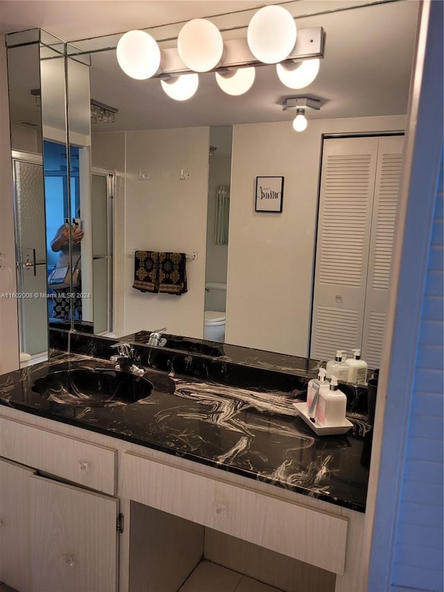 bathroom with vanity, toilet, and walk in shower