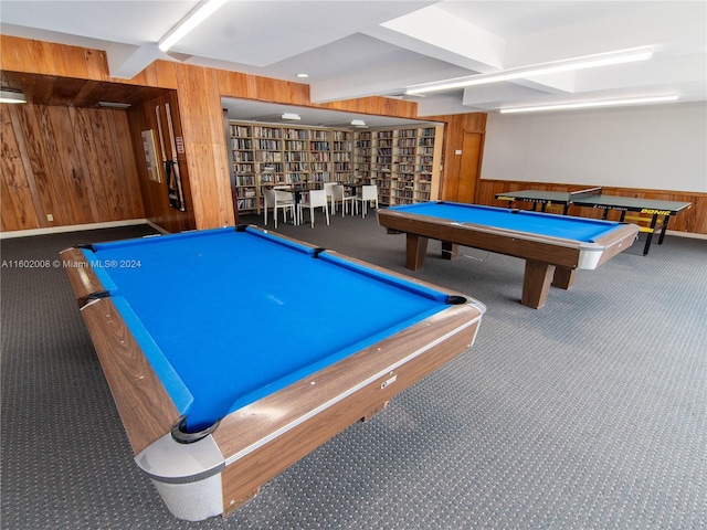 recreation room featuring carpet flooring, wood walls, and pool table