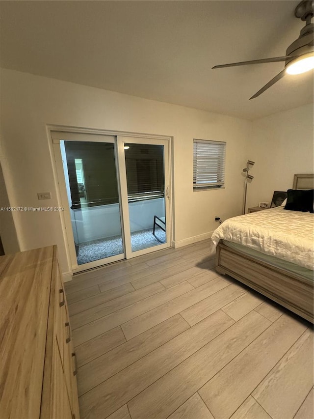 bedroom featuring ceiling fan, access to outside, and light hardwood / wood-style flooring