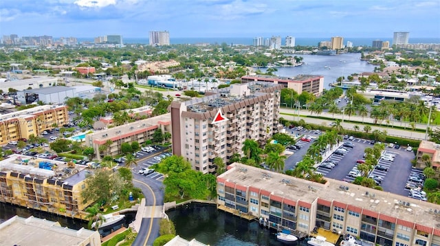 drone / aerial view with a water view