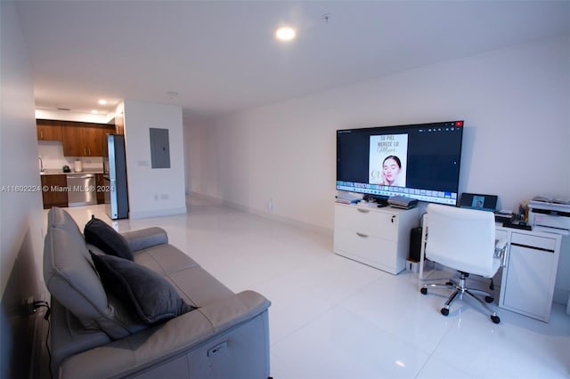 office space with light tile flooring