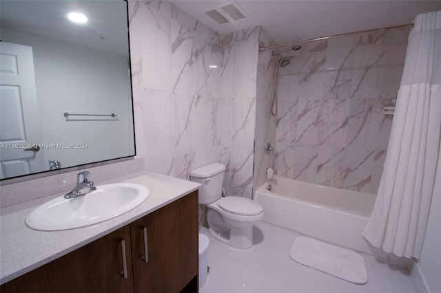 full bathroom featuring tile flooring, shower / tub combo with curtain, tile walls, vanity, and toilet