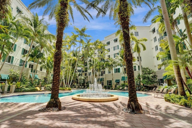 view of pool featuring pool water feature