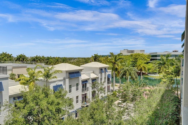 view of building exterior with a water view