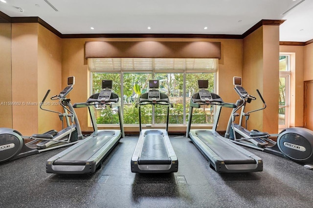 exercise room with ornamental molding and a wealth of natural light