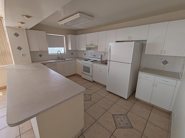 kitchen featuring white cabinets, white appliances, backsplash, and sink