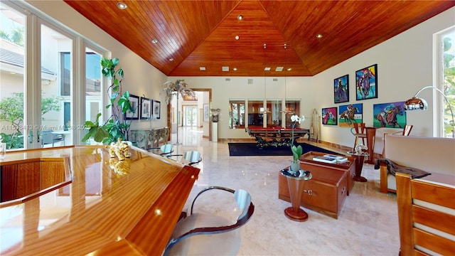 interior space featuring high vaulted ceiling, french doors, and wood ceiling