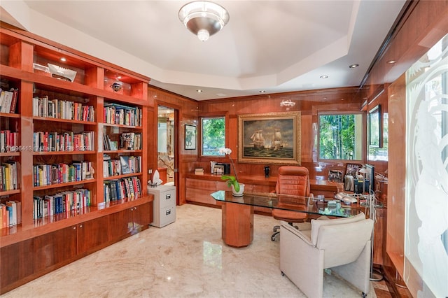 office space with a tray ceiling, a healthy amount of sunlight, and wood walls