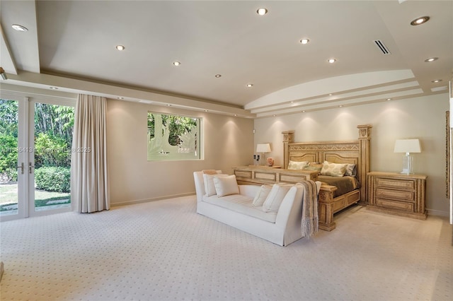 carpeted bedroom with access to outside and lofted ceiling