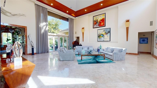 living room featuring a high ceiling