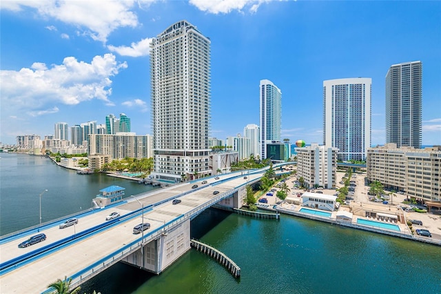 bird's eye view with a city view and a water view