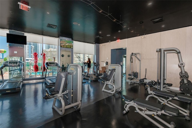 gym with visible vents and a wall of windows