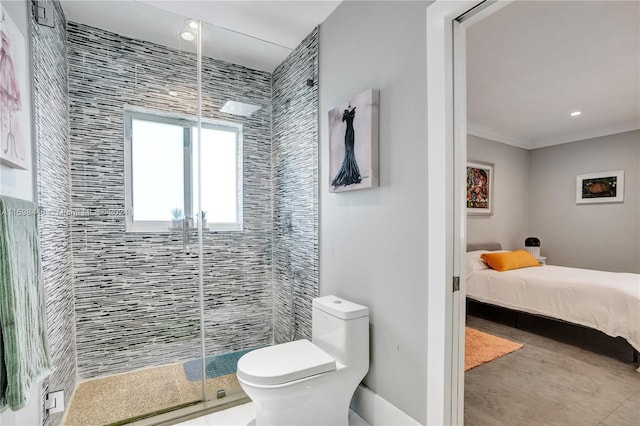 bathroom featuring tile patterned floors, toilet, a shower with door, and ornamental molding