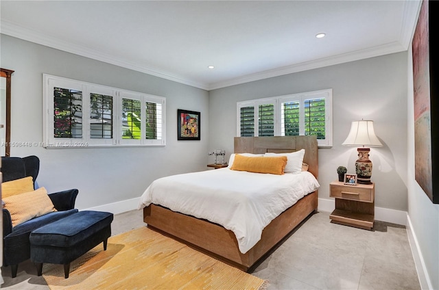 bedroom featuring light tile patterned floors and ornamental molding