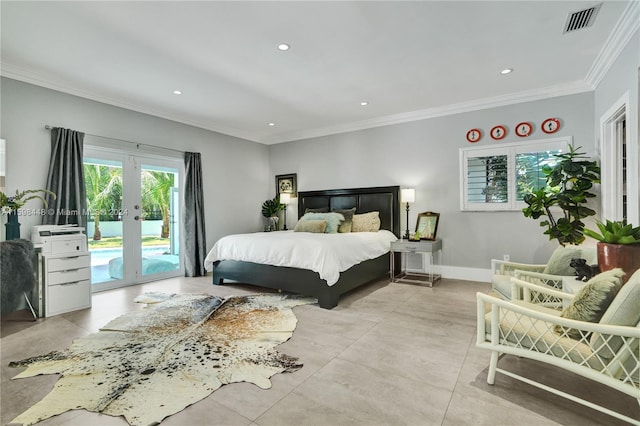 tiled bedroom featuring access to exterior, french doors, and ornamental molding