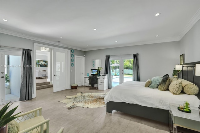 bedroom with light tile patterned flooring, ornamental molding, and access to outside