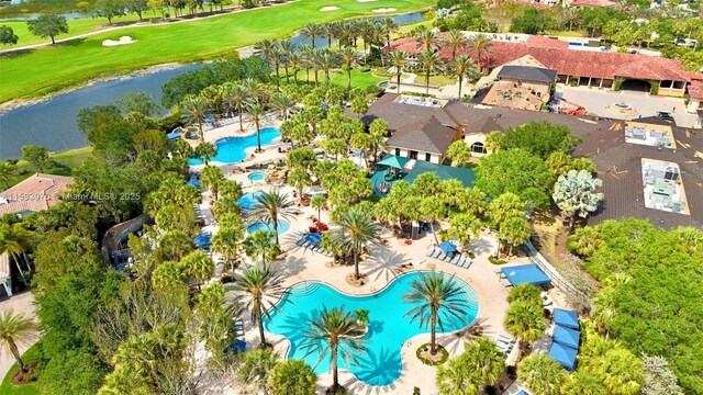 birds eye view of property featuring a water view