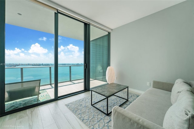 living room with a water view, expansive windows, and light hardwood / wood-style floors