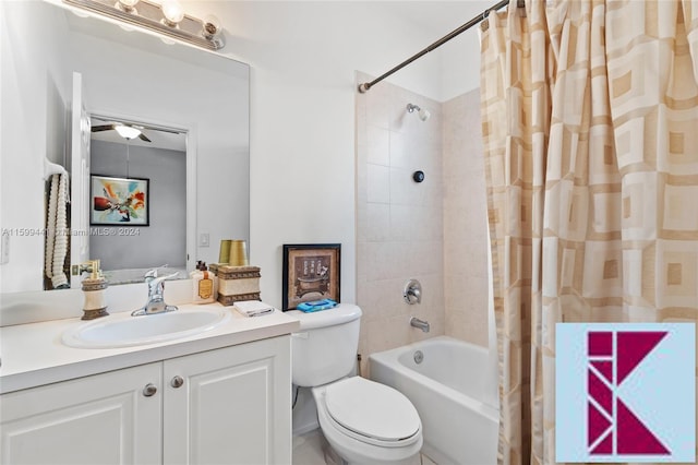 full bathroom with shower / bath combination with curtain, ceiling fan, toilet, and vanity