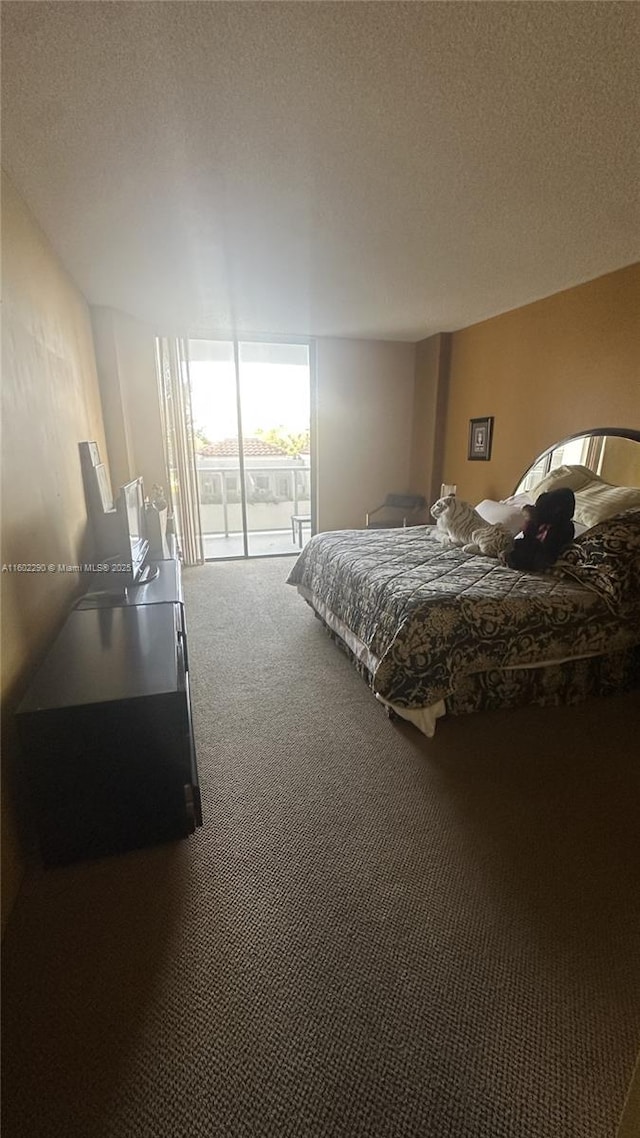 bedroom with access to outside, a textured ceiling, and carpet