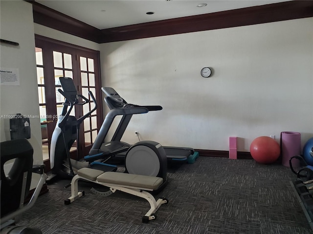 workout room featuring french doors and carpet flooring