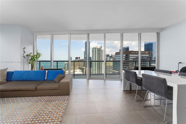 living room featuring tile flooring and a wall of windows