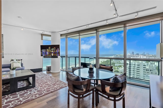 dining area with a water view, a wall of windows, hardwood / wood-style flooring, and a wealth of natural light