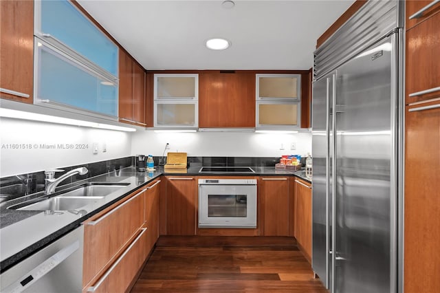 kitchen with stainless steel appliances, dark hardwood / wood-style floors, range hood, and sink