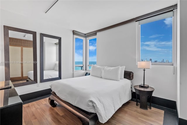 bedroom featuring light hardwood / wood-style floors and a water view