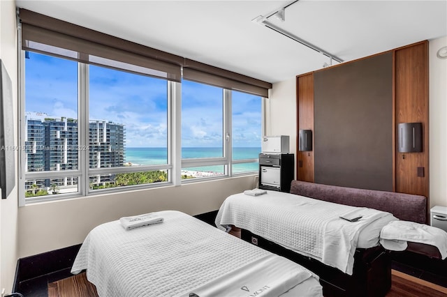 bedroom with a water view, multiple windows, and hardwood / wood-style flooring