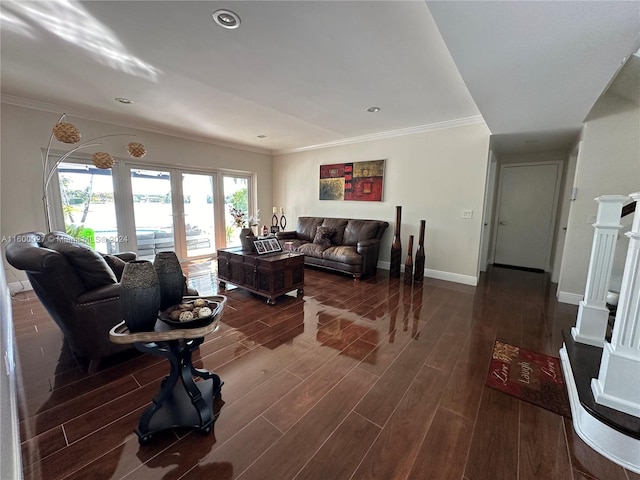 living room with crown molding, french doors, and dark hardwood / wood-style floors